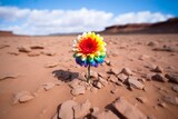 Fototapeta  - Eine Blume in Regenbogenfarben steht in der Wüste