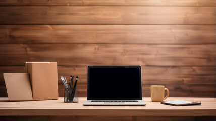 Sticker - modern office workplace with laptop on wooden table