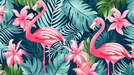 Wall Mural - Tropical flowers plants leaves and flamingos Vector