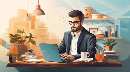 Wall Mural - An entrepreneur in a home office, multitasking with a laptop, smartphone, and paperwork on a desk