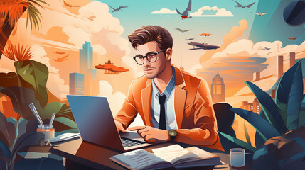 Wall Mural - An entrepreneur in a home office, multitasking with a laptop, smartphone, and paperwork on a desk