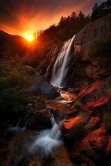 Canvas Print - a beautiful sunset in the waterfall generative ai