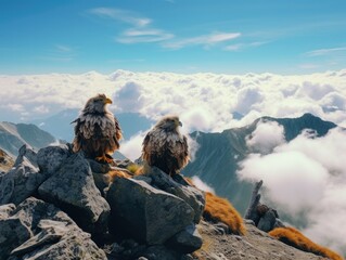 Wall Mural - Two eagles sitting on top of a mountain. Generative AI.