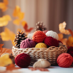 Canvas Print - An autumn basket filled with knitted balls and leaves, AI