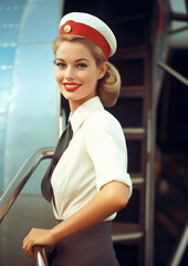 Wall Mural - Retro 1960's pin up style postcard of stewardess girl, woman in white clothes and a cap near the airplane