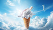 Advertising shot, flying in the clouds ice cream in cone with colorful sugar sprinkles and gelatins