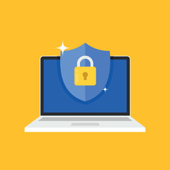 Shield with padlock icon on computer screen. Web security modern flat vector illustration. stock illustration