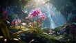A Celestial Cattleya orchid blooming amidst a lush, otherworldly forest, with colorful flora and fauna surrounding it.