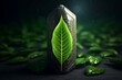 Sustainable battery recharge with nature-friendly leaf symbol, innovative green energy storage tech, carbon neutral 3D rendering. Generative AI