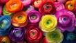 An artistic, ultra HD 8K composition of Rainbow Ranunculus blooms in various stages of bloom, creating a visual masterpiece.