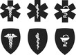 Medical hospital symbol vector icons set. Star of Life with cross, caduceus, Rod of Asclepius and pharmacy symbol Bowl of Hygieia. Isolated on white background. Logo concept. Vector illustration.