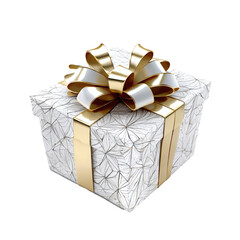 Wall Mural - silver ribbon with gold and bow around a white gift box isolated against transparent background