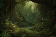 Artwork depicting a primeval tropical forest scenery. Generative AI
