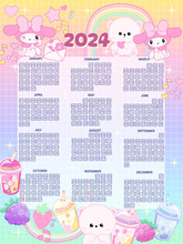 2024 Calendar Posters For Notes With Tlat Rainbow Colours  Bunny  For Schoolchildren. Cartoon Character Flat Vector Collection Isolated Kawaii For Kids Tee