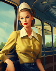 Wall Mural - Retro 1960's pin up style postcard of bus driver woman in dark green clothes with inside of the bus