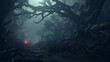 An enigmatic Myrtle forest with ancient, gnarled trees surrounded by a mysterious mist at midnight.