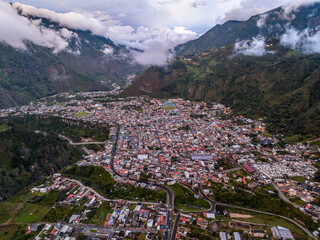 Beautiful aerial view of the Ecuadorian Andes at sunset. City of Banos.