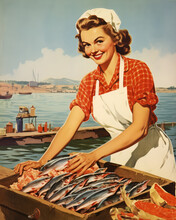 Retro 1960's Pin Up Style Postcard Of Woman In Red Shirt And A White Apron Selling Fish In Port