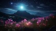 A celestial landscape with the majestic Cattleya orchids scattered across a moonlit meadow under a starry night sky.