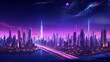 An otherworldly cityscape painted in Velvet Violet, featuring skyscrapers reaching for the stars and neon lights that illuminate the night.