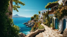 Mediterranean Coastal Town With Ocean View, Wanderlust And Blue Sky