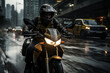 A motorcycle taxi driver navigating through traffic in an Asian city, emphasizing the Concept of informal urban transport services. Generative Ai.