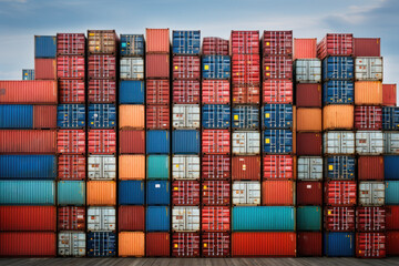 Wall Mural - A stack of shipping containers at a bustling port, capturing the Concept of containerization and efficient global trade. Generative Ai.