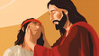 An illustration of Jesus healing a blind man by touching his eyes. Biblical Series