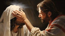 Jesus Healing A Blind Man By Touching His Eyes. Biblical Series
