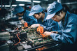 © Sebastian - Workers assembling electronic components in a high-tech factory, highlighting the complexity of global supply chains in the tech industry. Generative Ai.