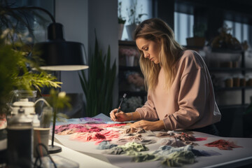 Poster - A fashion designer sketching a new clothing line, considering the sourcing of materials and production across different countries. Concept of the fashion industry's global value chain. Generative Ai.