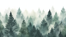 Hand Painted Watercolor Illustration, Seamless Pattern Of Misty Forest