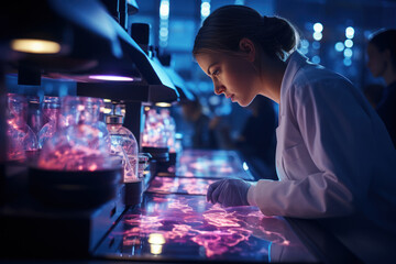 Poster - A laboratory technician inspecting cells under a microscope, exploring cellular biology. Concept of microscopy and biological research. Generative Ai.