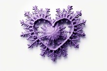 Heart-shaped Purple Snowflake On A Pure White Backdrop. Generative AI