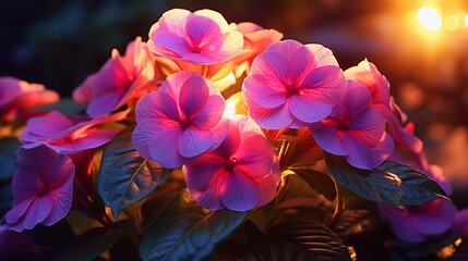  Iridescent impatiens illuminated by the golden rays of sunset, creating a breathtaking display of colors.