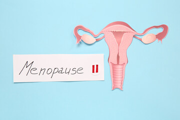 Wall Mural - Word MENOPAUSE with paper uterus on blue background