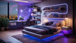 Modern teenage room at night, futuristic interior with purple neon and led light. Luxury home design for child or teen. Concept of teen bedroom, cozy contemporary dwelling of teenager
