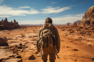 Poster - A hiker lost in a vast desert, symbolizing the life-threatening risks of dehydration and exposure. Concept of desert survival. Generative Ai.