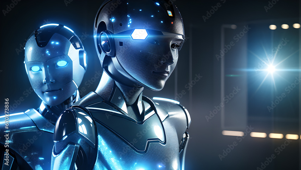 A futuristic humanoid AI robot with holographic screens, data analytics ...