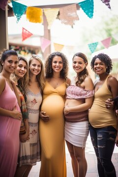 Portrait of smiling pregnant women with friends standing together at birthday party