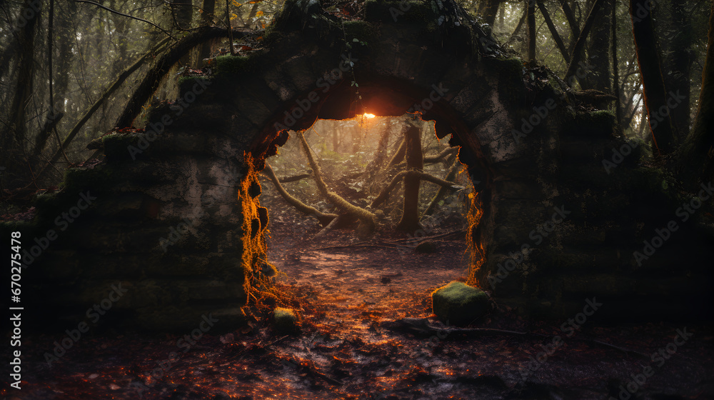An ancient stone arch nestled within a forest, serving as a mystical ...