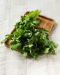 Fresh cilantro branches on a wooden plate on a white background. Greens, seasoning.