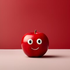 Wall Mural - Minimal shot of red apple with doll eyes and fake smile against gradient light red background