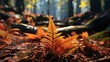 The Celestial Cinnamon Fern in a symphony of autumn colors, the forest floor blanketed in fallen leaves.