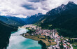 Aerial view of picturesque land in valley of the Dolomites Alps