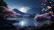 A 8K panoramic view of a Moonlit Magnolia landscape, with a tranquil river winding through the scene.