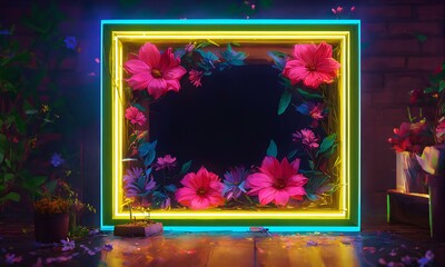 Wall Mural - 額縁、花、ネオン照明、背景素材｜Picture frame. flower. Neon lighting. background material. Generative AI