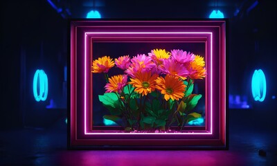 Wall Mural - 額縁、花、ネオン照明、背景素材｜Picture frame. flower. Neon lighting. background material. Generative AI