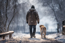 A Senior Asian Male Is Walking Happily With The Dog With In A Winter Coat With A Winter Hat In A In Snow Covered Country Landscape During Day In Winter While Snowing