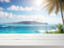 Summer Beach Background. Empty White Table Top In Front, Close-up, Blurred Tropical Resort Background. Vacation Paradise Banner With Empty Space For Advertising Product. Blank Shelf Generated By AI